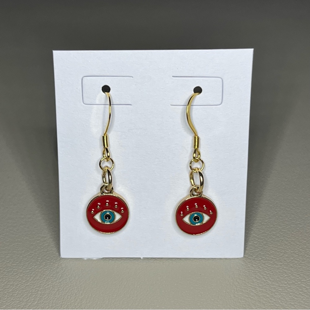 Handmade Red Evil Eye Enamel Charm Earrings - 18k Gold Plated